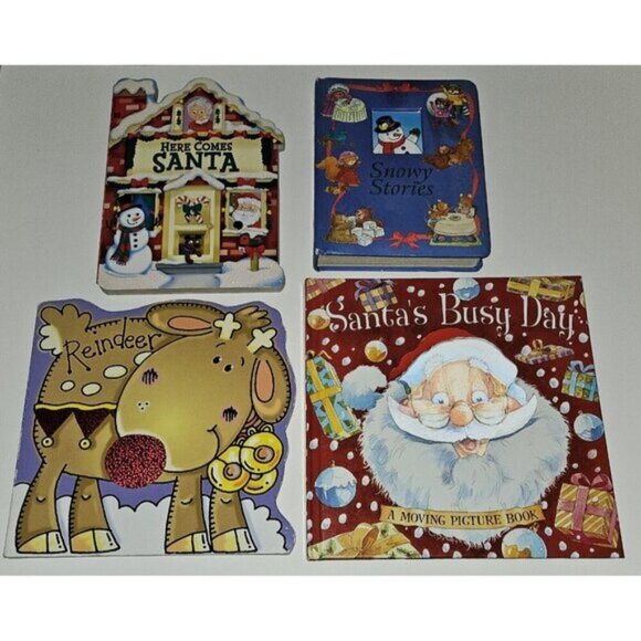 4 Christmas Board Books Lot Here Comes Santa Busy Day Snowy Stories Reindeer - Picture 1 of 13